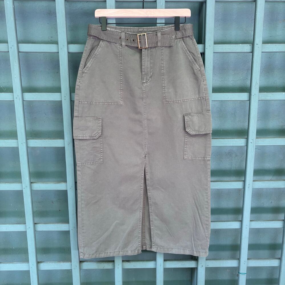 Utility Y2K Gorpcore Belted Cargo Olive Green Khaki Midi Skirt Sz6 Fairy Grunge